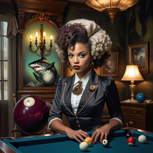 Prompt: (shark in a suit, playing pool), fine art, (pop surrealism) influences, classical painting style, whimsical atmosphere, (detailed textures), vibrant color tones, deep blues and greens, mixed with rich burgundies, engaging composition, pool cues and balls (surreal twist), intricately painted background with elements of artistry, 4K quality, (evocative mood), inspired by 7 Wonders Art Glass Studio, honoring Nuit.