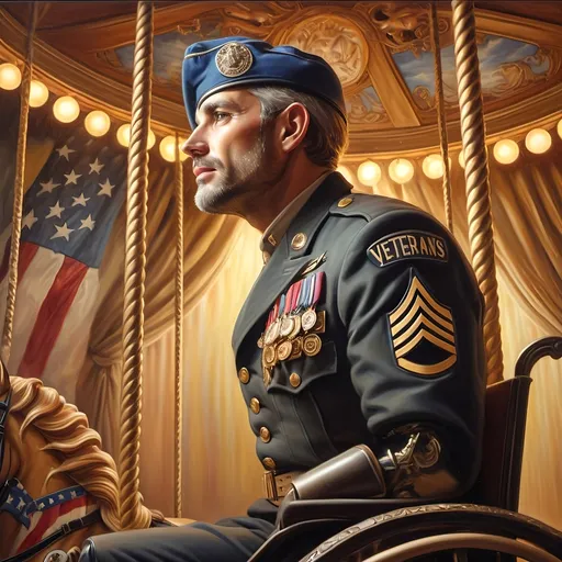 Prompt: (A Seven Wonders Art Glass Studio), oil renaissance painting, (vibrant colors), a man in military uniform, proudly riding on a Carousel of Heroes, surrounded by gracefully carved horses, soft, glowing ambiance, honoring veterans and those serving in the U.S. Military, warm golden lighting, intricate details in the uniform, carousel with richly adorned decorations, respectful atmosphere, high quality, ultra-detailed.