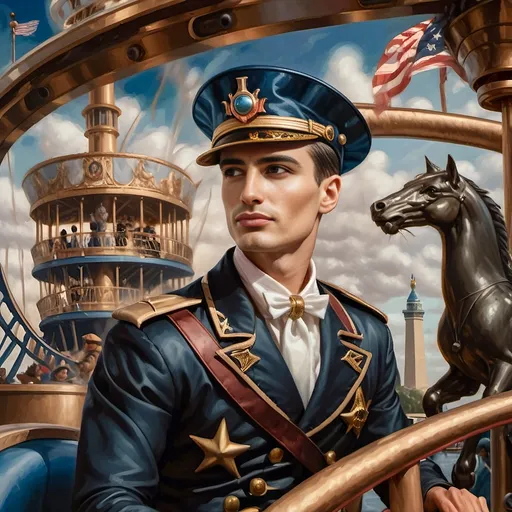 Prompt: (Acrylic painting of a magician man), wearing a (patriotic top hat), joyfully riding a (whimsical rollercoaster) in Liberty Park, with (HD details), vibrant colors, and enchanting motifs. The scene features the (Washington Monument) in the background, as well as the phrase (accurately spelled text "Yankee Doodle"). An aura of celebration and magic surrounds the image, honoring Nuit and the Aeon of Horus.