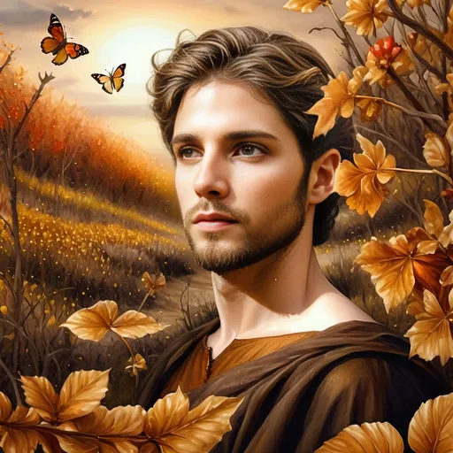 Prompt: (Renaissance style), (dark color scheme), painting of nature as a woman, flowing dress, delicate fabric, intricate details, butterfly in her hair, serene expression, surrounded by autumn leaves, rich browns and deep golds, ethereal atmosphere, soft, glowing light filtering through, capturing the essence of the Autumn Equinox, ultra-detailed, high-quality artwork.