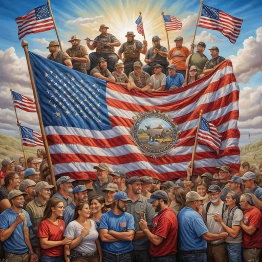 Prompt: (accurately spelled text "the real union"), painting of a flag, intricate details, surrounding people and animals, (regionalism), airbrush technique, highly detailed digital art, vibrant colors, dynamic composition, textured background, harmonious atmosphere, showcasing unity and diversity, emphasizing themes of community and teamwork, ultra-detailed, capturing depth and emotion, evocative imagery.