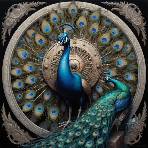 Prompt: a painting of a peacock with blue eyes and feathers on it's back, with a wheel in the foreground, Daniel Merriam, fantasy art, dark fantasy art, a detailed painting