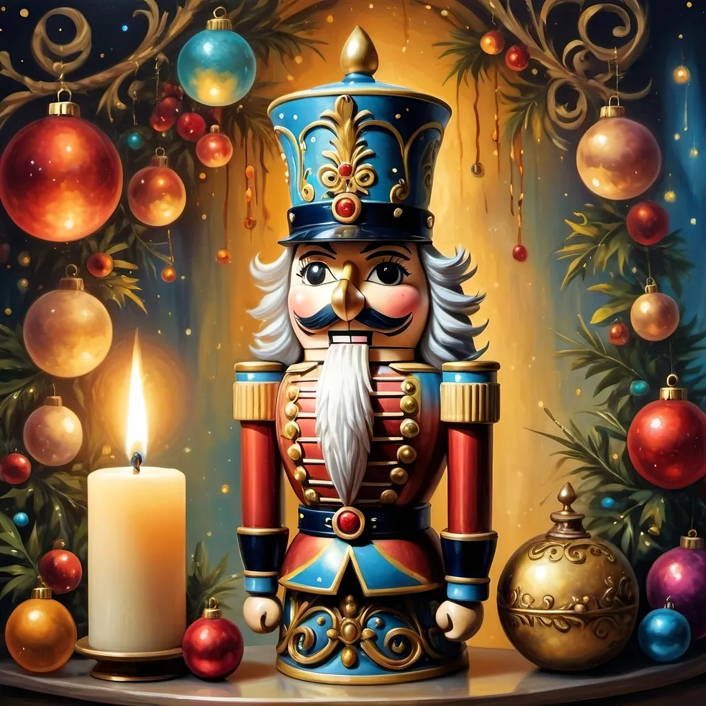 Prompt: a nutcracker with a candle and a candle holder in front of it, surrounded by christmas decorations, Anne Stokes, pop surrealism, extremely detailed oil painting, an airbrush painting