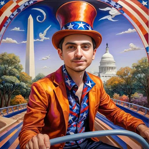 Prompt: A (masterful) Seven Wonders Art Glass Studio painting, depicting a (charming) magician man in a (patriotic) top hat, joyfully riding a rollercoaster in Liberty Park, featuring vibrant colors and whimsical elements, with a prominent Washington Monument in the background, intricately integrated with the phrase (accurately spelled text "Yankee Doodle"), all while encapsulating the theme of (honoring Nuit and the Aeon of Horus), ultra-detailed, colorful and dynamic atmosphere.