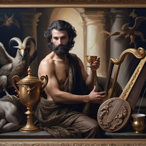 Prompt: (oil painting) Honoring Nuit, a man with a (wisdom-filled beard) holding a harp and a (rich) cup of wine, next to a (gilded golden cup), Ditlev Blunck's artisanal touch, (neoclassical elegance) with (Flemish Baroque influences). The atmosphere reflects reverence and beauty, drenched in (warm, golden tones), evoking the essence of a (divine encounter) that captures a mortal honoring the God Pan. Ultra-detailed, quintessential classical painting.