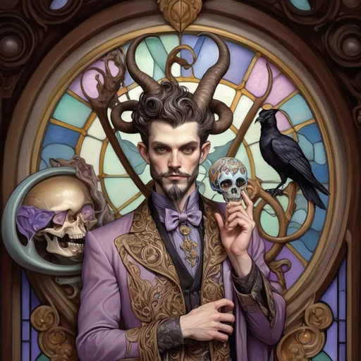 Prompt: Art Nouveau (style), pastel color scheme, a (man magician satyr) with (horns), holding a (skull) in one hand, a (crow perched on his shoulder), elegant pose, stylized cane topped with a (skull orb), intricate stained glass patterns and porcelain influences in the background, dreamy ambiance, (fluid lines), detailed, smooth textures, high quality, ultra-detailed watercolor techniques.