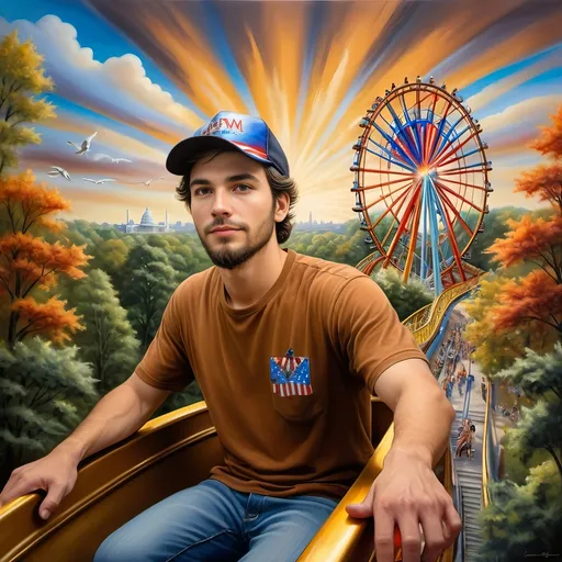 Prompt: A masterpiece painting by A Seven Wonders Art Glass Studio, (vibrant colors), depicting a man in a (patriotic hat) riding the (Freedom rollercoaster) in D.C.’s (new amusement park) named Freedom Park. The background features (dynamic amusement park rides), (lush greenery), and the spirit of (freedom) runs throughout. A symbolic homage to Nuit, with a (breathtaking sky) above, featuring (warm light) detailing and a victorious atmosphere, encapsulated in (ultra-detailed) art.