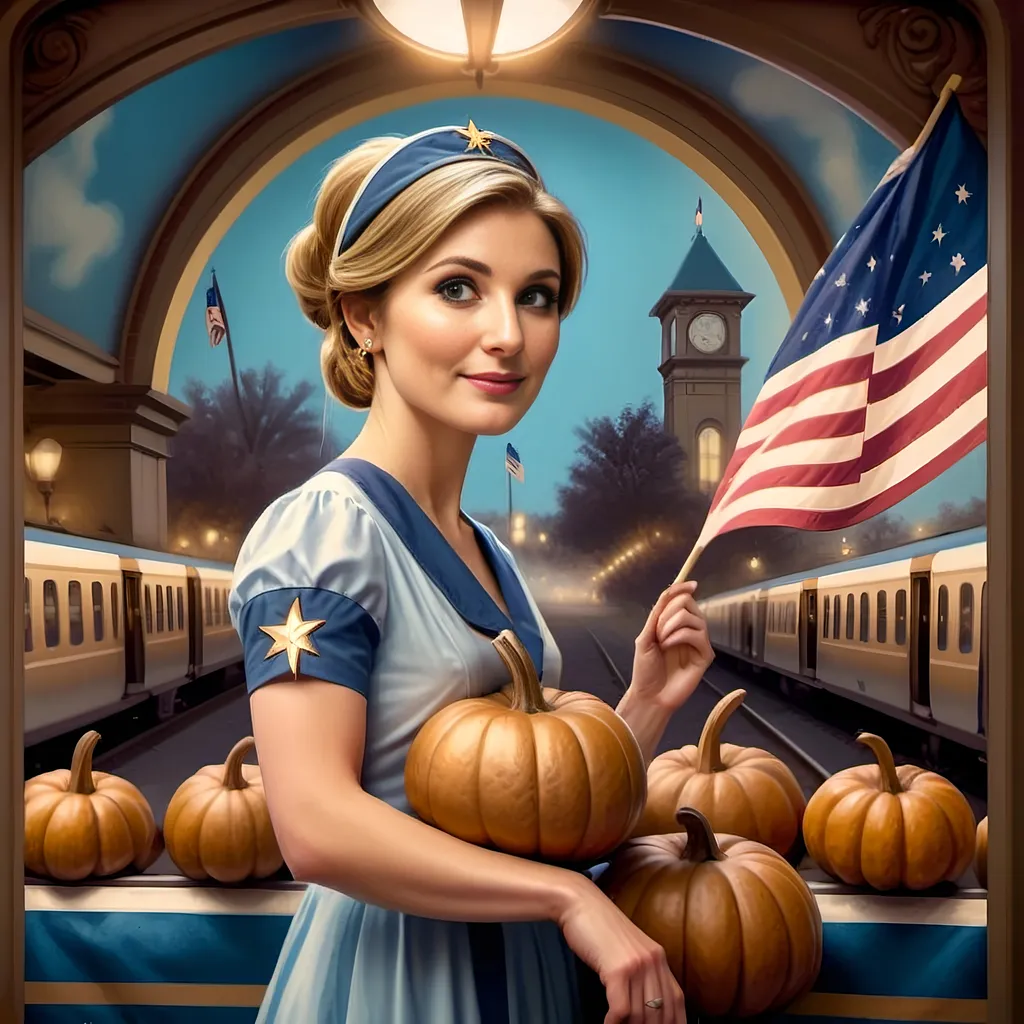 Prompt: (painting of (Honoring Nuit) with Union Station, Washington D.C.), (psychedelic style), (dark color scheme), (patriotic ambiance), Fall Equinox theme, pumpkins scattered artistically, train on tracks, large flag fluttering, ultra-detailed still life, reminiscent of museum quality, Renaissance and Baroque influences, rich textures, layered brushwork, evocative lighting, captivating composition, 4K quality.