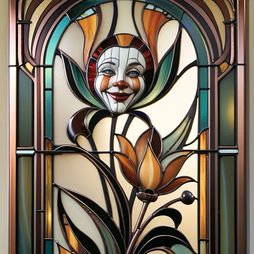 Prompt: (art deco style), vibrant color scheme, stained glass window, clown with a violin, intricate details, (copper foil and solder technique), inspired by the Queen Nuit, elegant geometric patterns, whimsical, enchanting atmosphere, bright jewel tones, high contrast lighting, ultra-detailed, showcasing craftsmanship, celebrating artistry and tradition, artistry infused with emotion, captivating visual narrative, craftsmanship excellence, a fusion of imagination and beauty.