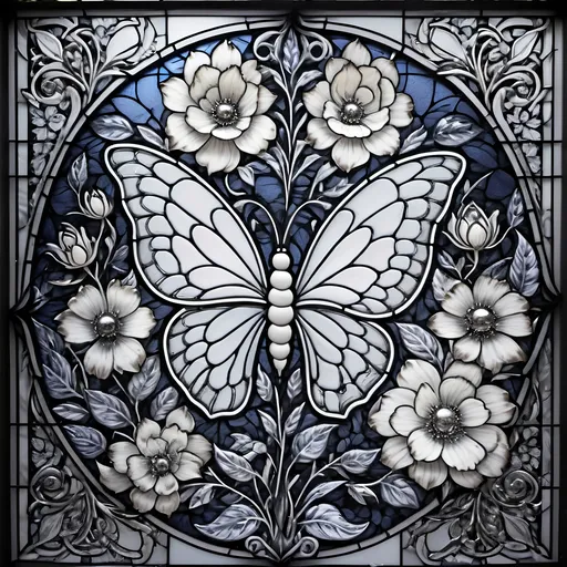 Prompt: (black and white) Seven Wonders Art Glass Studio stained glass window design, featuring a butterfly surrounded by intricate flowers, detailed patterns, elegant shapes, honoring Nuit, flourishing botanical elements, whimsical ambiance, beautifully structured lines, perfect for a coloring page, artistic and engaging composition, inviting creativity, crisp outlines, enchanting mood.