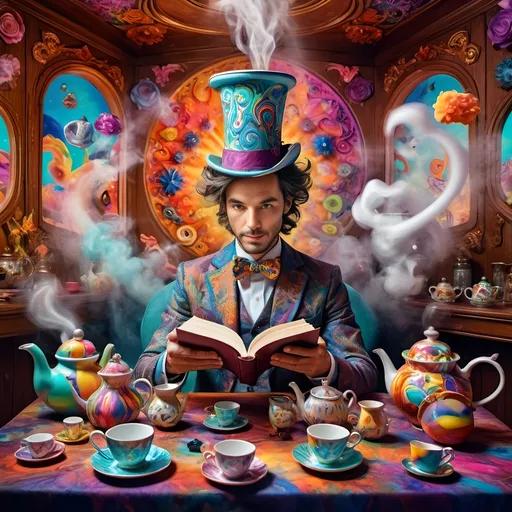 Prompt: (psychedelic still life portrait), vibrant colors, (magician jack-in-the-box man), whimsical tea party ambience, enchanting teapots, magical items animated around him, open book in front, dreamy and surreal atmosphere, intricate details, flowing patterns, mesmerizing depth, an explosion of colors, high-definition masterpiece, captivating and playful vibe.