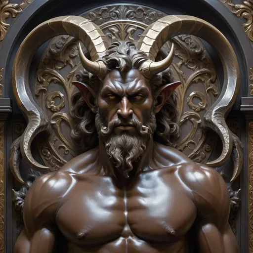 Prompt: (Art Deco style), satyr man with horns and a beard, dark color scheme, standing in front of an ornate wall, large metallic demon sculpture, intricate details, (Donato Giancola-inspired), gothic art elements, powerful and imposing atmosphere, rich textures, high depth oil painting, (highly detailed), dramatic shadows and highlights, inviting a sense of mystery and awe, (ultra-detailed quality).