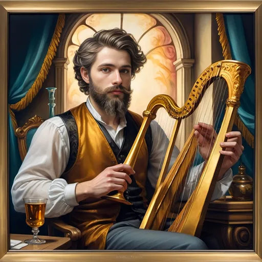 Prompt: (Seven Wonders Art Glass Studio), oil painting, (honoring Nuit), a man with a beard, holding a harp, glass of wine, golden cup beside him, (Ditlev Blunck), neoclassicism, classical painting, Flemish Baroque style, high detail, rich colors, warm glowing light, serene atmosphere, capturing tradition and reverence, elegant background with ethereal elements, ultra-detailed composition, masterful artistry.