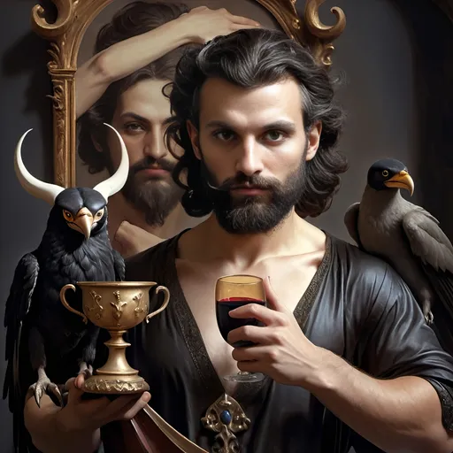 Prompt: (oil painting) Honoring Nuit, a man with a (wisdom-filled beard) holding a harp and a (rich) cup of wine, next to a (gilded golden cup), Ditlev Blunck's artisanal touch, (neoclassical elegance) with (Flemish Baroque influences). The atmosphere reflects reverence and beauty, drenched in (warm, golden tones), evoking the essence of a (divine encounter) that captures a mortal honoring the God Pan. Ultra-detailed, quintessential classical painting.