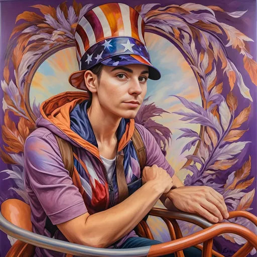 Prompt: A Seven Wonders Art Glass Studio masterpiece painting of a man in a patriotic hat riding Freedom rollercoaster in D. C.’s new amusement park named Freedom Park.  Honoring Nuit.