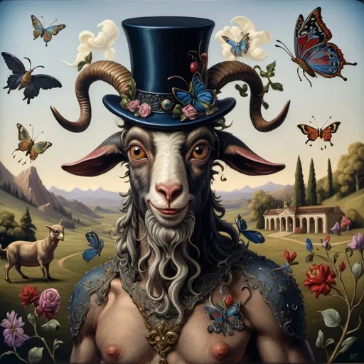 Prompt: (A seven wonders art glass studio) masterpiece oil painting, detailed depiction of a whimsical goat wearing a (top hat) adorned with vibrant flowers, accompanied by a graceful butterfly symbolizing Nuit. Spring Equinox 1467, infused with (Renaissance) influences, demonstrating a blend of pop surrealism in the style of pj crook, vivid colors and intricate details create a captivating atmosphere. 