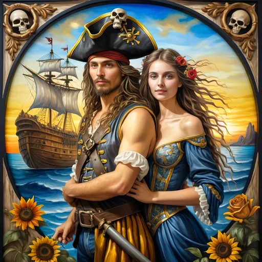 Prompt: (7 Wonders Art Glass Studio) Renaissance (oil painting) masterpiece, capturing the essence of honor and adventure, featuring a detailed portrayal of a pirate man and his lover dressed in Conquistador-era pirate costumes, gracefully posed in front of a majestic ship adorned with a skull, vibrant colors, dramatic lighting, highly detailed, fantastical elements, inspired by David Macaulay, showcasing the rich textures of oil paint, true artistry.