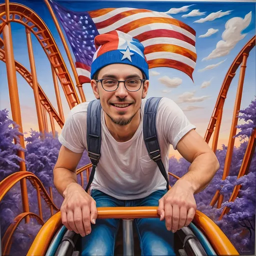 Prompt: A Seven Wonders Art Glass Studio masterpiece painting of a man in a patriotic hat riding Freedom rollercoaster in D. C.’s new amusement park named Freedom Park.  Honoring Nuit.