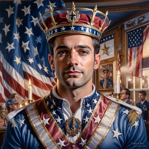 Prompt: A Seven Wonders Art Glass Studio painting of a man wearing a crown and American flag behind him with candles in the background and a candle lit room, Charles Bird King, american realism, highly detailed digital painting, a character portrait honoring Nuit.