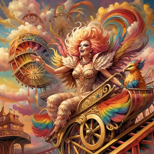 Prompt: (honoring nuit), a mesmerizing painting of colorful drag queens exuding joy and fabulousness while riding a roller coaster, vibrant (rainbow) painted on the side, a whimsical ferris wheel creating a festive atmosphere in the background, whimsical cotton candy clouds, (dynamic movement), warm pastel colors enhancing the lively scene, ultra-detailed, high-quality artwork capturing a celebratory ambiance.