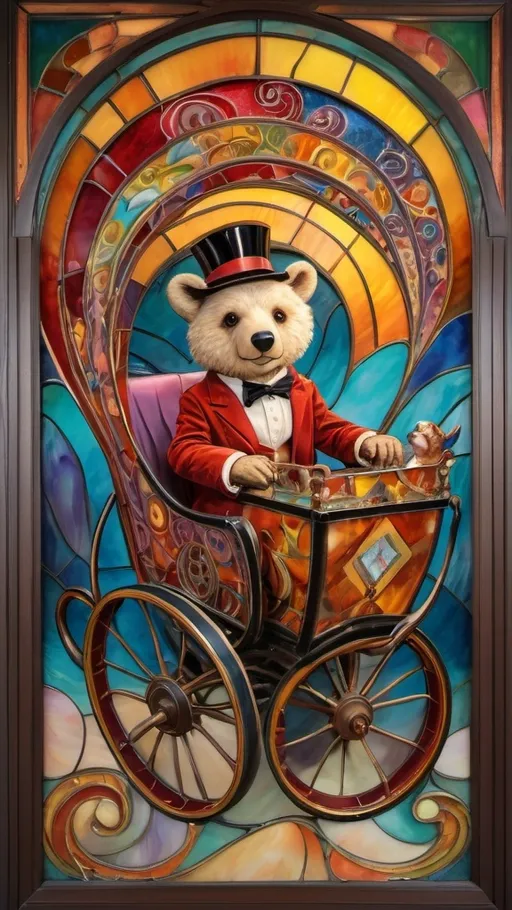 Prompt: Art nouveau painting of a (magician riding a cart shaped like a cub bear), vibrant color scheme, (hallucinogenic swirls) and (patterns), whimsical amusement park ambiance, (constructed from stained glass and porcelain), richly detailed textures, (dreamlike atmosphere), enchanting backdrop filled with colorful attractions, captivating light play, ultra-detailed, imaginative masterpiece.