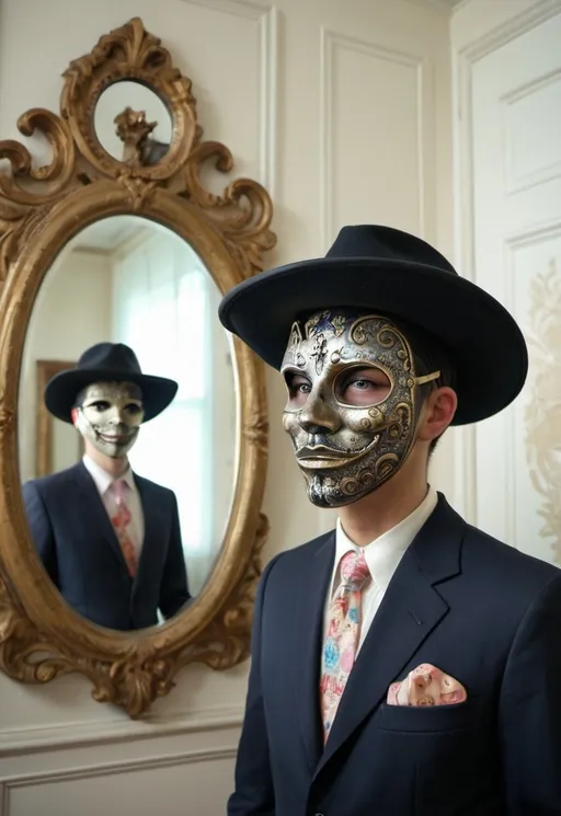 Prompt: a man with a mask on his face and a hat on his head, standing in a room with a mirror, Dave Arredondo, kitsch movement, david lazar, a portrait