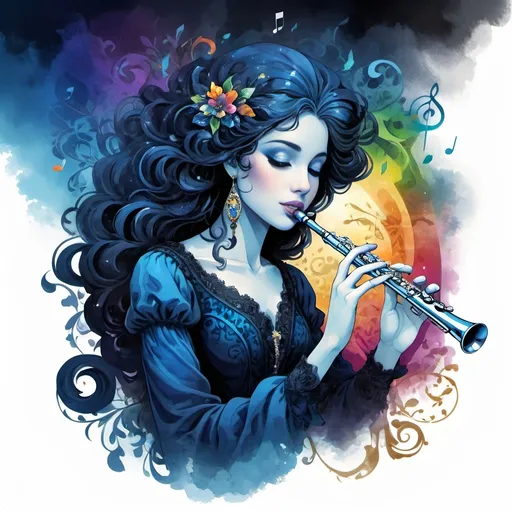 Prompt: Baroque style (rich and ornate elements), dark color scheme (deep blues and blacks), flute with flowing musical notes, vibrant rainbow backdrop, layered effects, (fantasy art), highly detailed digital art, intricate textures, storybook illustration quality, dramatic shadowing, whimsical atmosphere, enchanting, emotional depth, harmonious composition, captivating visual narrative.