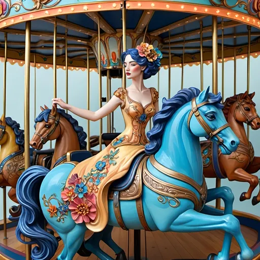 Prompt: Art Nouveau inspired (Carousel of Diversity), vibrant color scheme, a woman in a wheelchair joyfully riding a carousel adorned with horses, detailed figurative elements, blue flower in her hair, keys to a dystopian world, ornate patterns, fluid lines, brightly colored floral motifs, ultra-detailed, Caroline Chariot-Dayez inspired, captivating and whimsical atmosphere, rich textures, merging art deco and contemporary sculpture styles.