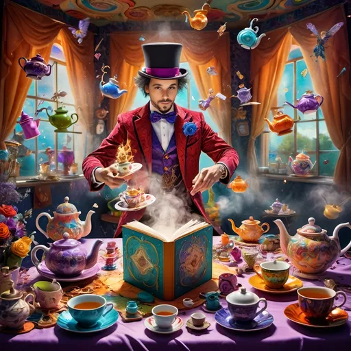 Prompt: (Still life portrait) of a (magician jack-in-the-box man), surrounded by (vibrant teapots) and enchanting magical items bursting to life at a whimsical tea party, open book in front, (psychedelic art style), radiant colors, swirling patterns, vivid details, enchanting atmosphere, imaginative composition, honeyed lighting, intriguing objects, high definition, ultra-detailed.