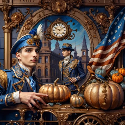 Prompt: (painting of a train and pumpkins in a train station), (Honoring Nuit), (Union Station, Washington D.C.), (patriotic Fall Equinox), dark color scheme, (still life), museum quality, Renaissance and Baroque oil on canvas, vibrant oranges and deep blues, immersive vibes of fall, atmospheric lighting, intricate details of the flag, textural depth in the train, evocative ambiance of nostalgia.