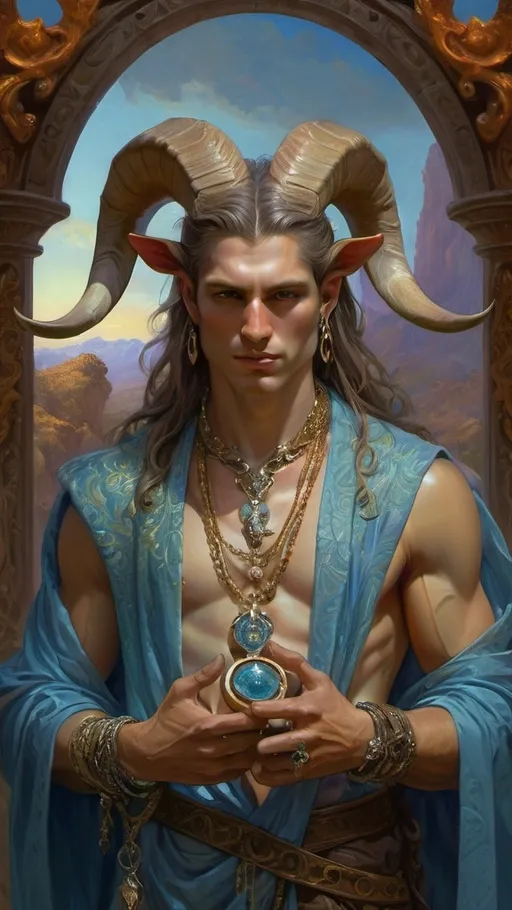 Prompt: (male figure with a goat's head), adorned with (intricate necklace), featuring a (ring around the neck), inspired by Donato Giancola, (fantasy art), (highly detailed digital painting), vibrant color palette, dramatic lighting, (elaborate textures and features), compelling atmosphere, intense expression, rich background with mystical elements, (ultra-detailed), captivating fantasy landscape.