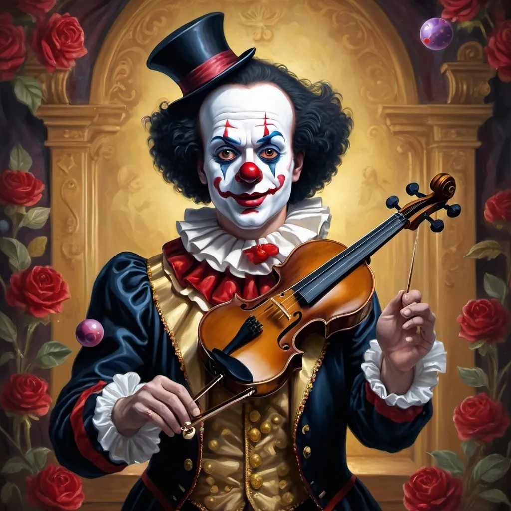 Prompt: a painting of a dark headed male clown with a gold violin and a ball in front of him, with a red clown's face painted on it, magical ambiance, friendly, highly detailed digital painting, an ultrafine detailed painting.  Add Renaissance background.  Adorn with mystic florals.  Add sun influences.  Add influences of the God Nuit in the following manner.  