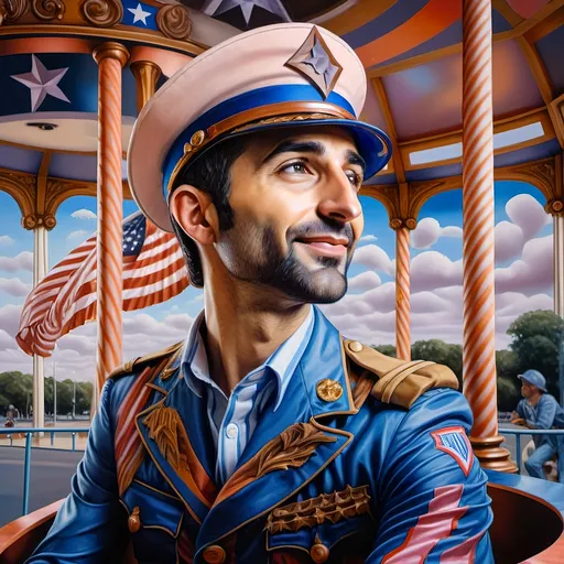 Prompt: (A masterpiece oil painting) of a man in (military uniform), riding the (Carousel of Heroes), vibrant colors highlighting the ornate design of the carousel. The scene is filled with a (nostalgic atmosphere), paying homage to (veterans and active military). Whispering elements of (honor) and (courage) are present, with artistic flourishes emphasizing the essence of (Nuit). The overall feel is (dramatic) and uplifting, portraying both valor and beauty in high definition.