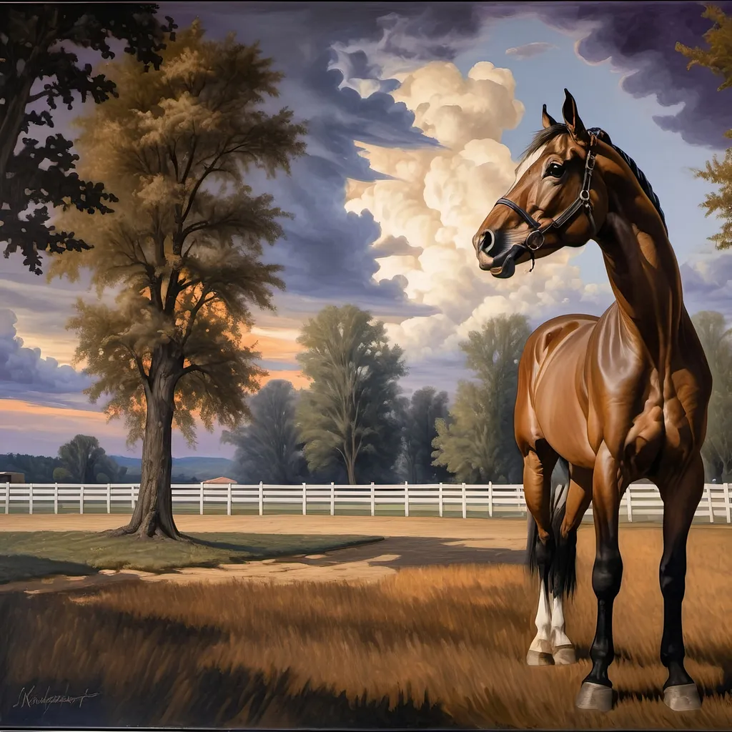 Prompt: (Honoring Nuit), highly detailed (oil painting), thoroughbred horse (majestic posture) on a Kentucky farm, stunning evening dusk lighting, soft illuminated clouds, warm hues of orange and purple blending over fields, rich textures of horse's coat, serene rural landscape (tranquil atmosphere), lush greenery in the background, ultra-detailed, artistic masterpiece showcasing equine beauty at sunset.