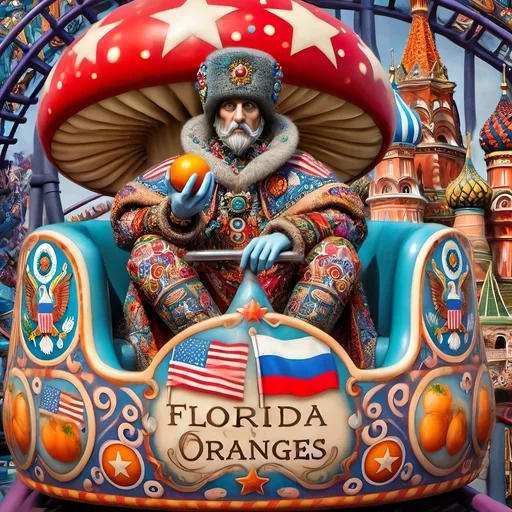 Prompt: (accurately spelled text "Yankee Doodler"), (psychedelic style), (vibrant color scheme), vibrant paint splashes, detailed painting, surreal theme, Russian individual holding a Florida orange symbolizing Republican endorsement, bold patterns, roller coaster car, American flag waving dramatically, Washington D.C. skyline in the background, whimsical elements, bright and vivid colors, intricate details, high-quality image, ultra-detailed.