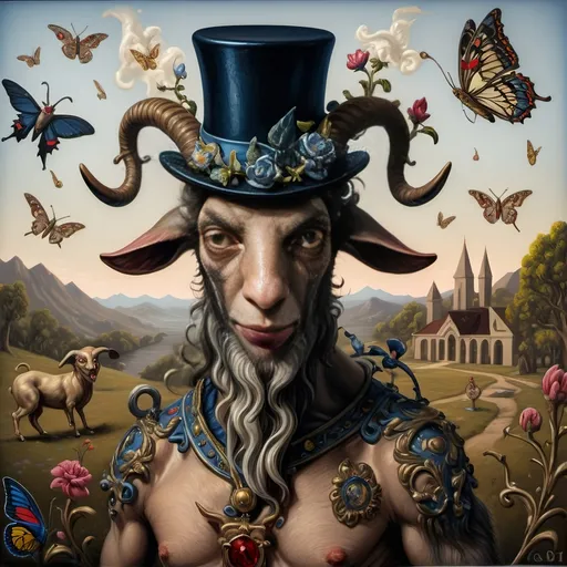 Prompt: (A seven wonders art glass studio) masterpiece oil painting, detailed depiction of a whimsical goat wearing a (top hat) adorned with vibrant flowers, accompanied by a graceful butterfly symbolizing Nuit. Spring Equinox 1467, infused with (Renaissance) influences, demonstrating a blend of pop surrealism in the style of pj crook, vivid colors and intricate details create a captivating atmosphere. 