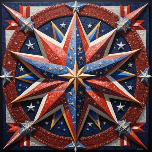 Prompt: (detailed painting), (symbolic star), vibrant colors of the United States, intricate symbols representing America, rich textures, depth in colors, blend of traditional and modern regionalism themes, expressing unity and diversity, profound visual storytelling, captures the essence of American identity, ultra-detailed, a masterpiece celebrating the spirit of the nation.