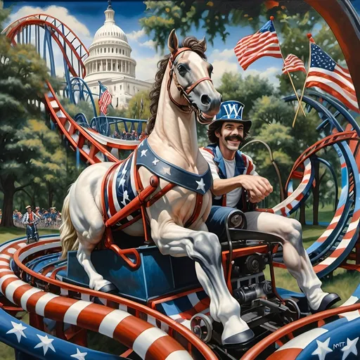 Prompt: A Seven Wonders Art Glass Studio Renaissance oil painting of a horse roller coaster in Liberty Park standing in forest in Liberty Park.  Patriotic orange, white and blue colors.  Honoring Nuit.