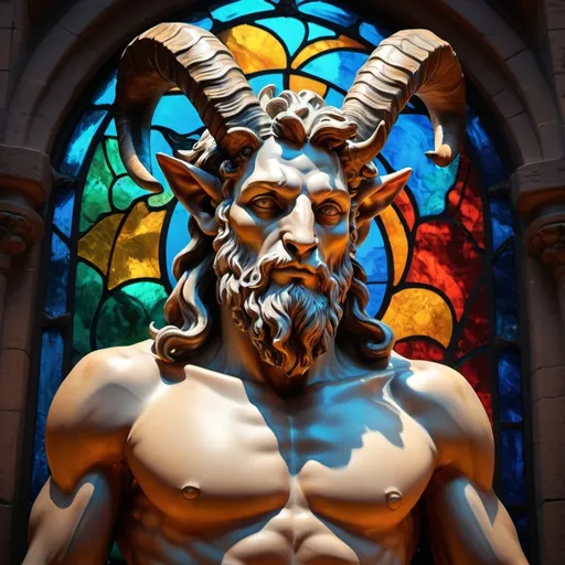 Prompt: (misc-stained glass style), statue of a man satyr with horns, goat's head on his chest, (vibrant color scheme), (highly detailed oil painting), (bronze sculpture), gothic art inspired, intricate textures, dramatic chiaroscuro lighting, rich color depth, marvelous craftsmanship, captivating atmosphere, art showcasing mythological themes, ultra-detailed, 4K resolution.