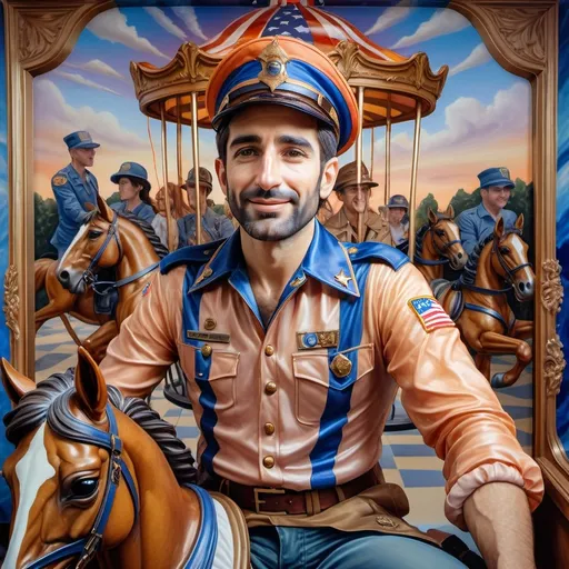 Prompt: (A Seven Wonders Art Glass Studio), oil renaissance painting, (vibrant colors), a man in military uniform, proudly riding on a Carousel of Heroes, surrounded by gracefully carved horses, soft, glowing ambiance, honoring veterans and those serving in the U.S. Military, warm golden lighting, intricate details in the uniform, carousel with richly adorned decorations, respectful atmosphere, high quality, ultra-detailed.