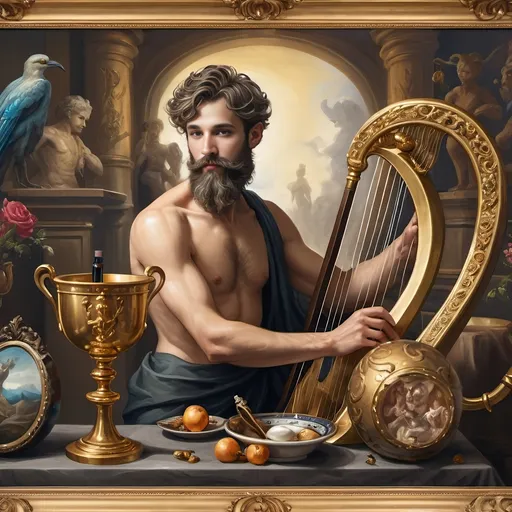 Prompt: (oil painting) Honoring Nuit, a man with a (wisdom-filled beard) holding a harp and a (rich) cup of wine, next to a (gilded golden cup), Ditlev Blunck's artisanal touch, (neoclassical elegance) with (Flemish Baroque influences). The atmosphere reflects reverence and beauty, drenched in (warm, golden tones), evoking the essence of a (divine encounter) that captures a mortal honoring the God Pan. Ultra-detailed, quintessential classical painting.