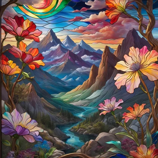 Prompt: (A Seven Wonders Art Glass Studio stained glass window), vibrant mountain landscape, reaching for a delicate flower in the foreground, intricate sky with swirling clouds, (psychedelic art style), homage to Nuit, (gouache detailed paintings), oil on canvas masterpiece, ethereal atmosphere, rich colors blending harmoniously, high quality, (4K ultra-detailed), captivating and immersive visual experience.