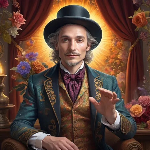 Prompt: (ultrafine detailed digital painting) half man half magician, (top hat), magical ambiance, friendly expression, Renaissance background, (mystic florals) adornment, warm sun influences, ethereal lighting, hints of the God Nuit, whimsical elements, rich colors, intricate texture, inviting and mystical atmosphere, enchanting scenery, (highly detailed) artistry, captivating composition, vibrant contrast, 4K quality.