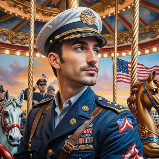 Prompt: (A masterpiece oil painting) of a man in (military uniform), riding the (Carousel of Heroes), vibrant colors highlighting the ornate design of the carousel. The scene is filled with a (nostalgic atmosphere), paying homage to (veterans and active military). Whispering elements of (honor) and (courage) are present, with artistic flourishes emphasizing the essence of (Nuit). The overall feel is (dramatic) and uplifting, portraying both valor and beauty in high definition.