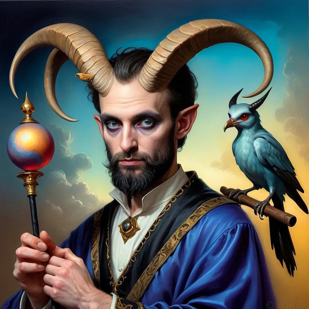 Prompt: A (captivating) oil painting depicting a (mysterious magician) with a (horned head), a (bird perched gracefully on his shoulder), holding a (beautifully crafted cane) and an (orb in his hand), beautifully capturing themes of (fantasy) and (transformation). Character portrait-style, influenced by (Clint Cearley's) signature artistry, with ethereal hues and (vivid detailing) honoring the legendary figures of (Pan and Nuit), set against a dreamy, (surreal background) that evokes wonder.