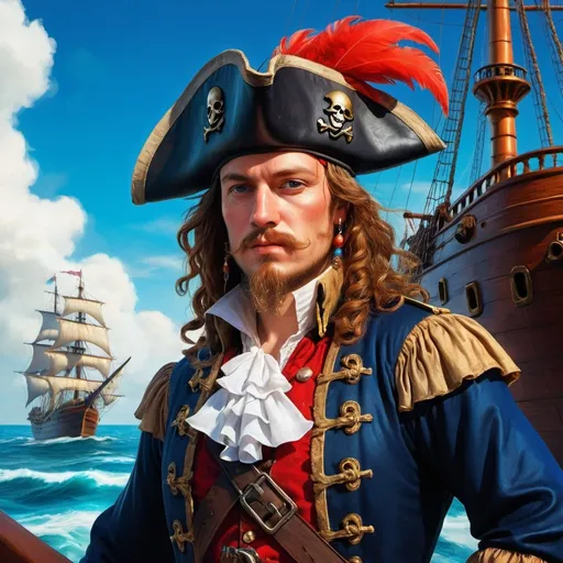 Prompt: (renaissance style), man in a pirate costume, Edward Clark, standing in front of a majestic ship, adorned with a striking red feather on his hat, (vibrant color scheme), highly detailed digital painting, (fantasy art), character portrait, dramatic blue skies, ocean waves lapping against the ship’s hull, rich textures and colors for a captivating atmosphere, (ultra-detailed), dynamic lighting effect.