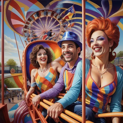 Prompt: (A Seven Wonders Art Glass Studio oil masterpiece) Art Deco style, vibrant color scheme, a lively group of drag queens in extravagant clothing, ascending a fantastical roller coaster in Liberty Park, joyful expressions, others on a colorful Ferris wheel, overlooking local attractions, honoring Nuit, dynamic composition, rich details, luxurious textures, atmospheric vibrant lighting, ultra-detailed, celebratory ambiance.