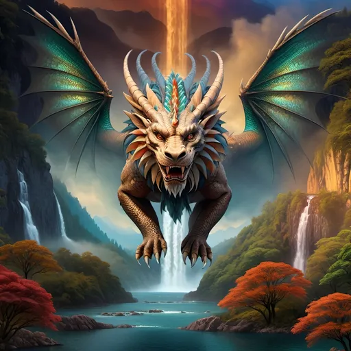 Prompt: (hi-res matte painting) of a majestic dragon (detailed scales) with expansive wings flying gracefully over a shimmering river, lush forest surrounding with vibrant colors, a cascading waterfall flowing into the scene, towering majestic mountains in the background, atmospheric mist, evoking a sense of mystery and adventure, (fantasy art), (dark fantasy art), cinematic lighting, ultra-detailed.