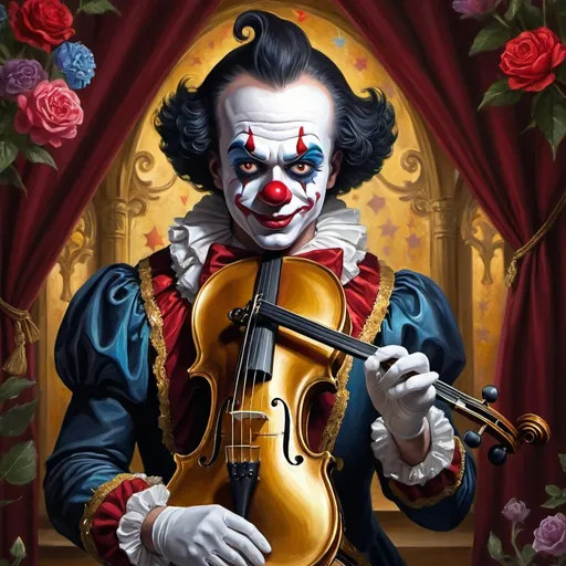 Prompt: a painting of a dark headed male clown with a magical note playing gold violin and a ball in front of him, with a red clown's face painted on it, magical ambiance, friendly, highly detailed digital painting, an ultrafine detailed painting.  Add Renaissance background.  Adorn with mystic florals.  Add sun influences.  Add influences of the God Nuit in the following manner.  