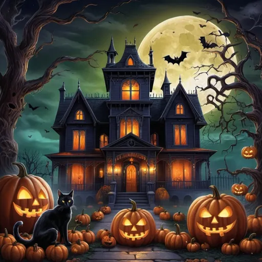 Prompt: Halloween scene with (gothic art), eerie haunted house, whimsical (ghost) hovering, enchanted pumpkins, (a black cat) majestically sitting in front, moonlit night sky, chilling atmosphere, intricate details, vibrant colors, dramatic shadows, (Anne Stokes style), with high-quality (poster art), perfect for a horror-themed illustration. 